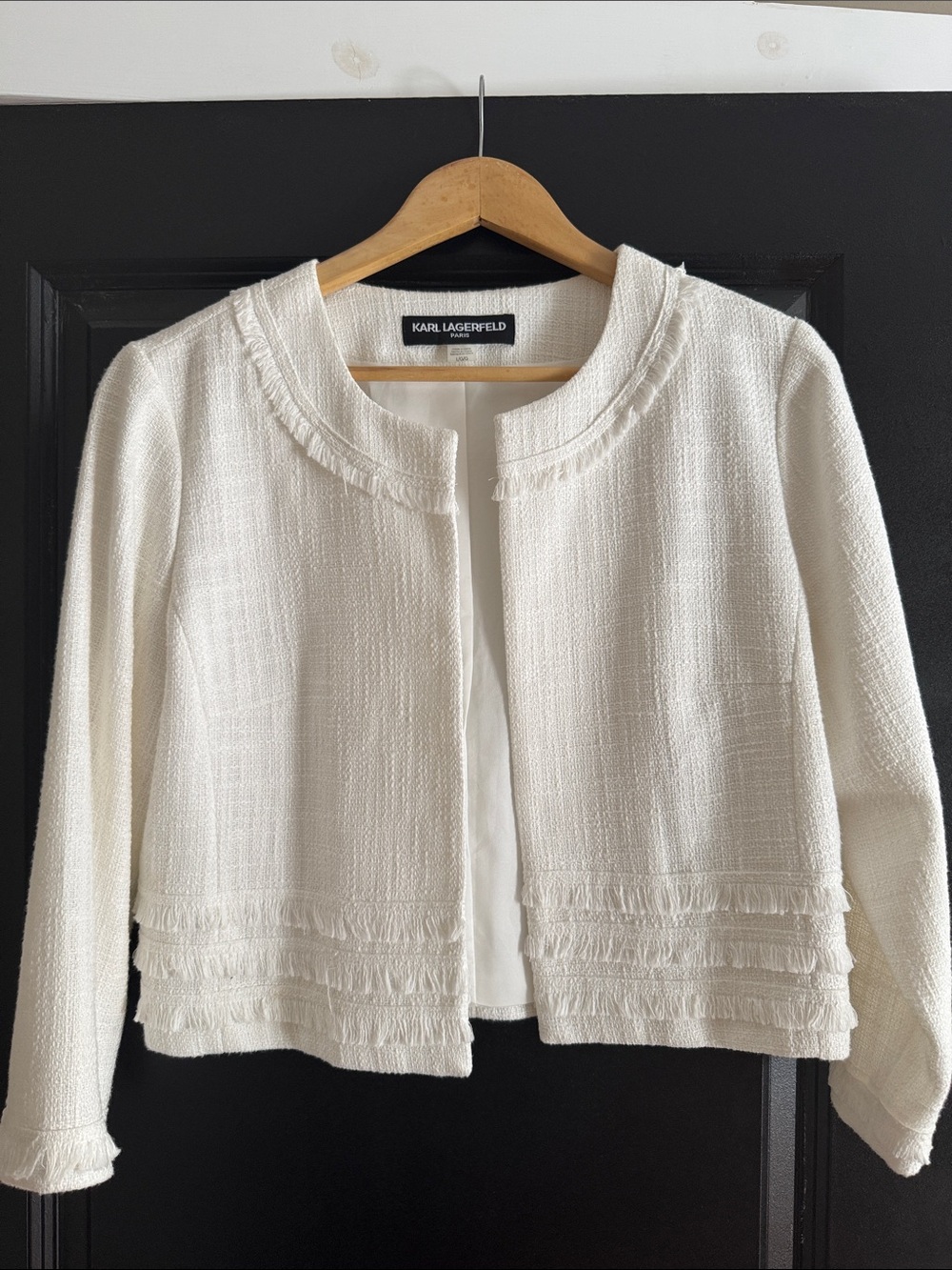 Karl Lagerfeld Paris cropped jacket NWT lined large white fringe